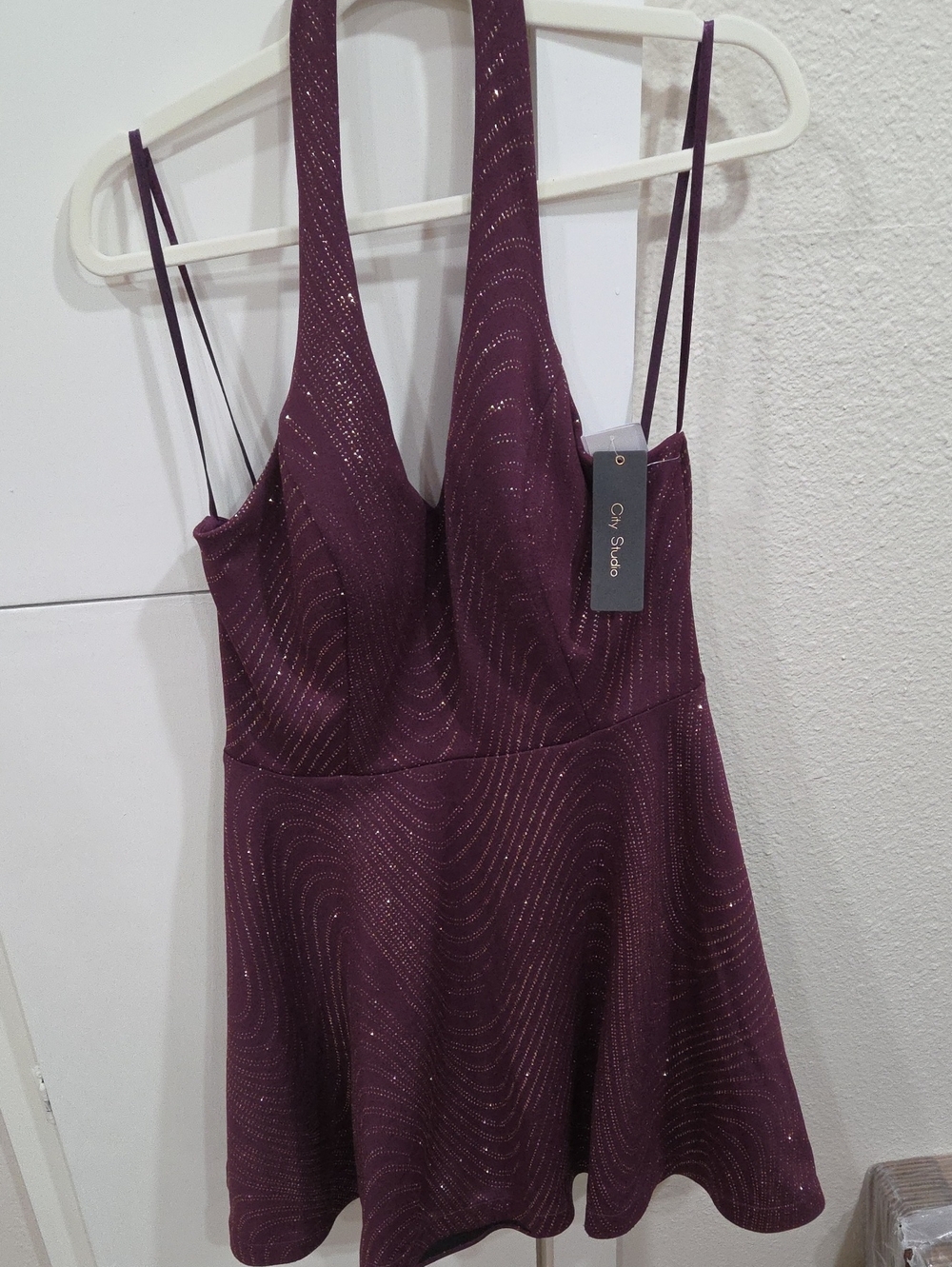 City Studio Plum Glitter Halter Skater Dress